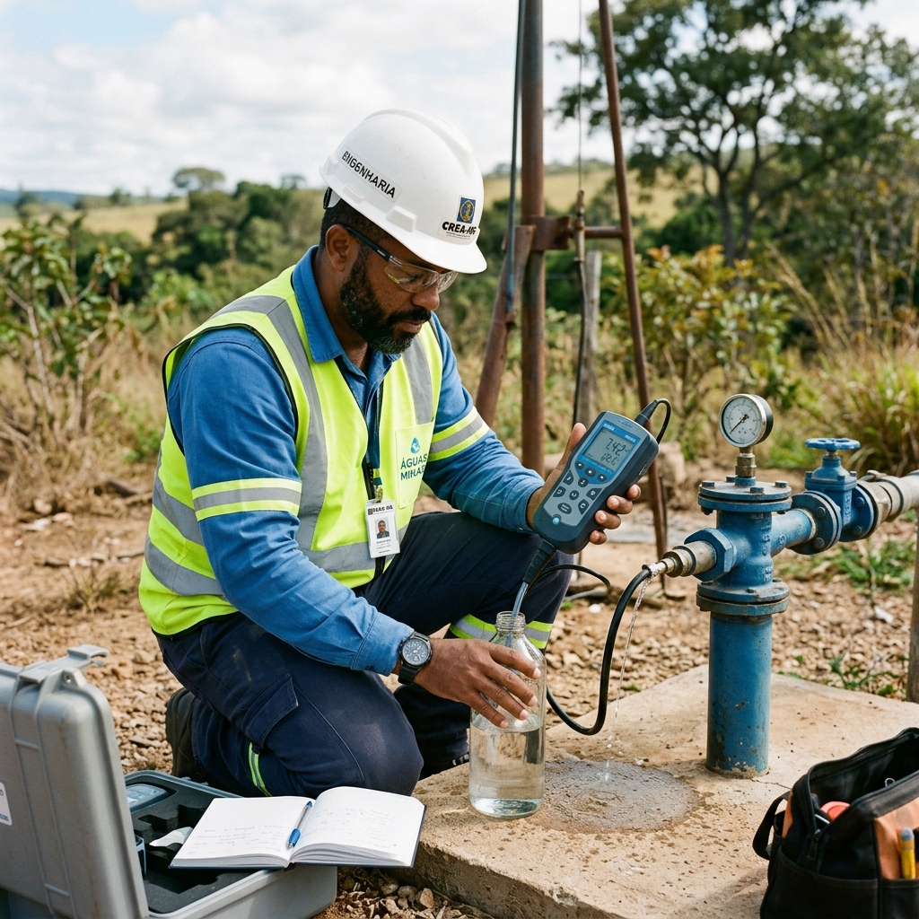 Engenheiro especialista realizando análise técnica e manutenção preventiva em um Poço Artesiano