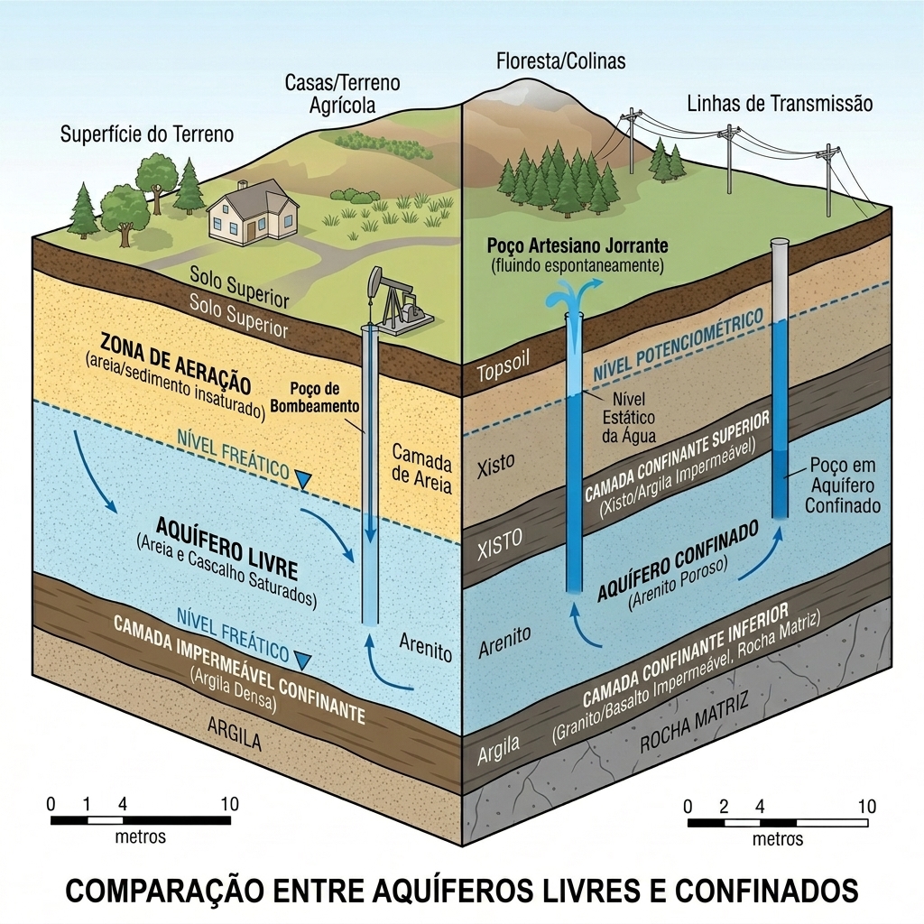 Gráfico comparativo mostrando aquíferos livres (semi artesianos) e aquíferos confinados (artesianos)
