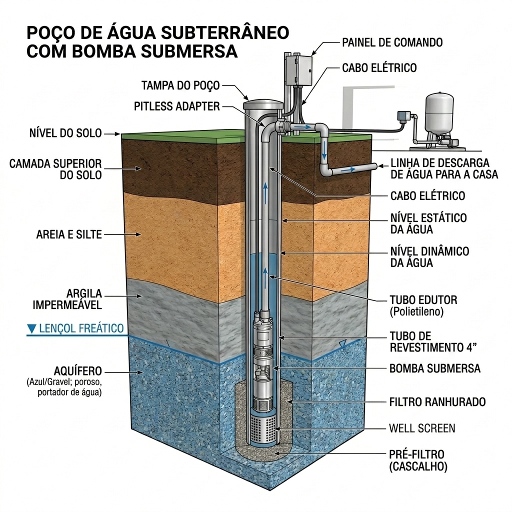 Esquema técnico mostrando o funcionamento da bomba submersa em um poço semi artesiano