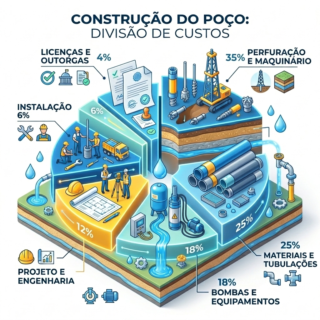 Gráfico ilustrando a divisão de custos de um poço artesiano: Perfuração, Materiais, Bomba e Licenças
