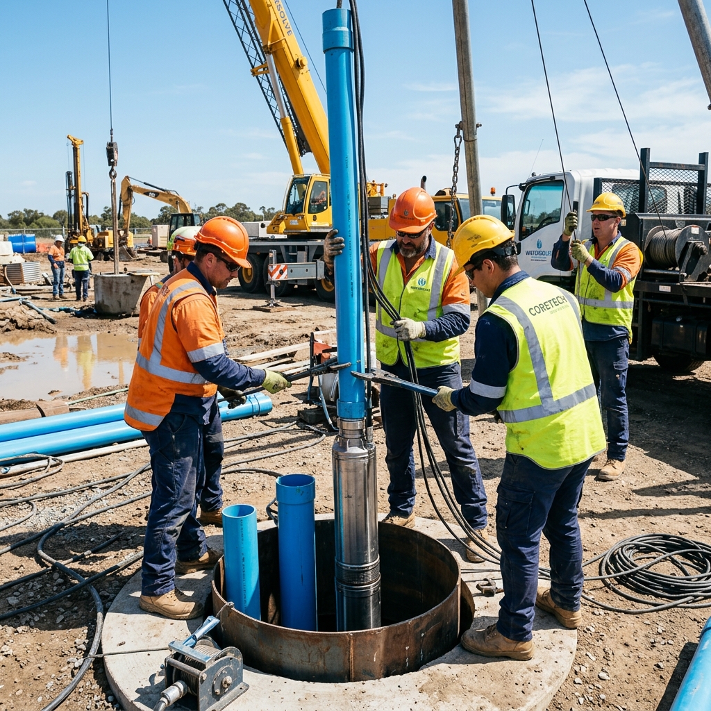 Equipe técnica realizando a descida da bomba submersa e tubulação em um poço semi artesiano