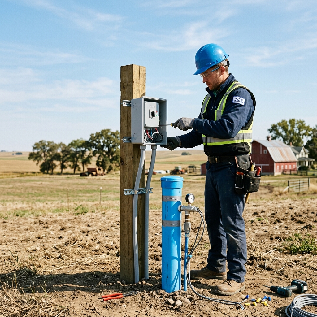 Técnicos especializados instalando um painel elétrico de proteção para a bomba do poço artesiano
